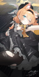 1girl absurdres animal_ear_fluff animal_ears armpits black_dress black_hairband black_hat black_pantyhose blue_archive blue_eyes cat_ears cat_girl closed_mouth dress extra_ears hair_between_eyes hairband hat hat_feather hayate_(1034853996) highres long_hair looking_at_viewer mari_(blue_archive) mari_(idol)_(blue_archive) official_alternate_costume one_eye_closed orange_hair pantyhose sidelocks smile solo torn_clothes torn_pantyhose wrist_cuffs