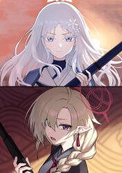 2girls absurdres ahoge aoi_riko arisaka ayame_(blue_archive) blonde_hair blue_archive blue_haori bolt_action braid closed_mouth colored_eyelashes commentary_request determined earrings grey_eyes grey_serafuku gun hair_ornament halo haori highres holding holding_weapon japanese_clothes jewelry kimono long_hair looking_at_another looking_at_viewer mismatched_pupils multiple_girls nagusa_(blue_archive) neckerchief open_mouth pointy_ears purple_eyes red_halo red_neckerchief rifle sailor_collar school_uniform serafuku simple_background single_braid single_earring snowflake_hair_ornament sunset swept_bangs weapon white_eyelashes white_hair white_halo white_sailor_collar white_serafuku yellow_eyes