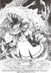 Rule 34 | 00s, 1girl, blood, bow, creepy, demon, dragon, energy wings, female focus, fingerless gloves, gloves, greyscale, horror (theme), japanese text, lyrical nanoha, magic circle, magical girl, mahou shoujo lyrical nanoha, monochrome, onsokuzekuu, raising heart, raising heart (exelion mode), shoes, skull, solo, takamachi nanoha, takamachi nanoha (sacred mode), translated, twintails, white devil, winged footwear, wings