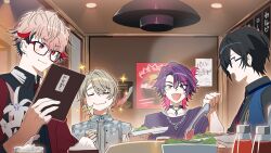 4boys :d :i black-framed_eyewear black_hair black_shirt brown_hair ceiling_light closed_eyes closed_mouth collared_shirt dress_shirt eating food fura_kanato glasses grey_shirt hair_between_eyes hair_intakes holding holding_plate indoors male_focus multicolored_hair multiple_boys nijisanji ninahachi open_mouth parted_bangs pink_hair plate purple_hair purple_shirt red_eyes red_hair seraph_dazzlegarden shikinagi_akira shirt smile streaked_hair tongs two-tone_hair virtual_youtuber voltaction watarai_hibari wavy_mouth yellow_eyes