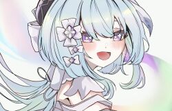 1girl black_hat blue_hair blush bow commentary_request griseo griseo_(starry_impression) h3_hk hair_bow hat highres honkai_(series) honkai_impact_3rd long_hair multiple_hair_bows open_mouth purple_eyes signature smile solo white_background white_bow