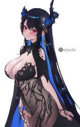1girl absurdres asymmetrical_horns black_dress black_hair blue_hair breasts chronopattern_dress cleavage clothing_cutout colored_inner_hair commentary dress english_commentary flower flower_knot fortissimo from_side hair_ornament highres hololive hololive_english horn_flower horns large_breasts long_hair looking_at_viewer miychi mole mole_under_eye multicolored_hair musical_note musical_note_hair_ornament nail_polish nerissa_ravencroft red_eyes red_nails see-through_clothes see-through_dress short_sleeves shoulder_cutout sidelocks simple_background slit_pupils solo straight_hair tassel tassel_hair_ornament uneven_horns very_long_hair virtual_youtuber white_background