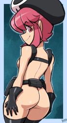 1girl ass belt belt_pouch bigdead black_gloves black_thighhighs breasts chest_harness commentary doutonbori_robo english_commentary gloves harness hat highres holster jakuzure_nonon kill_la_kill looking_at_viewer looking_back medium_breasts naked_belt nudist_beach_uniform pink_eyes pink_hair pouch shiny_skin short_hair shoulder_holster sideboob sidelocks skull_print smile solo thighhighs utility_belt