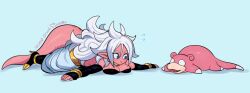 android_21 black_tube_top blue_background blue_eyes breasts cleavage color_connection colored_skin crossover dated dragon_ball dragon_ball_fighterz earrings full_body gen_1_pokemon hoop_earrings jewelry large_breasts long_hair lying nanika_(nnkgh) nintendo on_stomach pants pink_skin pink_tail pointy_ears pokemon pokemon_(creature) simple_background slowpoke strapless tube_top twitter_username white_hair white_pants