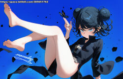 1girl absurdres bare_legs barefoot black_butterfly black_dress black_nails blue_archive blue_background blue_eyes breasts bug butterfly cosplay double_bun dress feet foot_focus hair_bun highres insect kisaki_(blue_archive) loli long_sleeves momobug22 nail_polish one-punch_man short_hair small_breasts soles solo tatsumaki tatsumaki_(cosplay) toenail_polish toenails toes