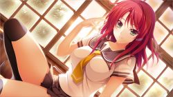Rule 34 | 1girl, black thighhighs, classroom, dutch angle, female focus, game cg, green eyes, hoshi ori yume mirai, iizuki tasuku, indoors, key, looking at viewer, over-kneehighs, red hair, school, school uniform, smile, solo, sunset, thighhighs, window, yukimura touko