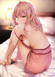 1girl :o alternate_costume alternate_hairstyle applying_pedicure ass backlighting bare_arms bare_back bare_legs bare_shoulders barefoot bed bed_sheet black_panties blush breasts camisole commentary desk_lamp fay_(fay_axl) female_focus frills from_side hair_between_eyes hair_down highres idolmaster idolmaster_cinderella_girls idolmaster_cinderella_girls_starlight_stage indoors jougasaki_mika knees_up lamp leaning_forward long_hair looking_at_viewer looking_back medium_breasts nail_polish on_bed pajamas panties panty_pull parted_lips pillow pink_hair pink_nails removing_panties shiny_skin sideboob sitting solo spaghetti_strap strap_slip tearing_up tears toenail_polish toenails tsurime underwear yellow_eyes