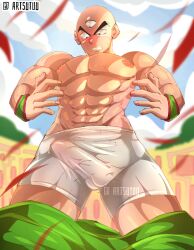 1boy abs artsuyuu bald blush bulge clothes_pull cloud cloudy_sky day dragon_ball dragonball_z embarrassed erection erection_under_clothes highres male_focus muscular muscular_male nipples pants pants_pull precum scar sky tenshinhan third_eye underwear