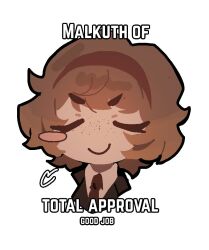 1girl brown_hair chibi collared_shirt english_text freckles hairband lapels lobotomy_corporation malkuth_(project_moon) necktie notched_lapels ny_000a project_moon red_hairband red_necktie shirt short_hair simple_background solo upper_body white_background white_shirt