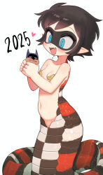 Rule 34 | 1boy, 1girl, 2025, absurdres, batman, batman (series), batrobin k, black hair, blue eyes, breasts, chinese zodiac, dc comics, domino mask, fangs, genderswap, genderswap (mtf), highres, lamia, mask, monster girl, navel, pointy ears, robin (batrobin k), robin (dc), short hair, simple background, small breasts, snake girl, white background, year of the snake