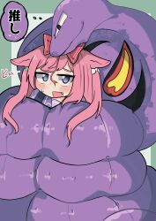 1girl @_@ absurdres agnes_digital_(umamusume) animal_ears arbok awaji_(hotel_kyuu_awaji) blue_eyes bow commentary commission constriction crossover ears_down fang gen_1_pokemon hair_between_eyes highres horse_ears horse_girl meme neta nintendo pink_hair pokemon purple_sailor_collar red_bow sailor_collar school_uniform skeb_commission speech_bubble thought_bubble tracen_school_uniform two_side_up umamusume winter_uniform