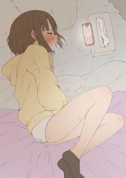 1boy absurdres akaihoppe black_socks blurry blush brown_eyes brown_hair cellphone clothed_masturbation commentary_request crossdressing cum cum_on_sheets ejaculation half-closed_eyes highres hood hood_down hoodie long_sleeves lying male_masturbation masturbating_while_watching masturbation medium_hair on_bed on_side original panties phone pillow pornography smartphone socks solo sweat tissue_box trap underwear white_panties yellow_hoodie