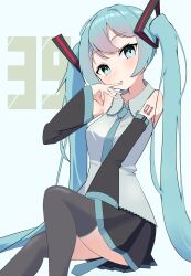 1girl bare_shoulders black_skirt black_thighhighs blue_eyes blue_hair detached_sleeves hair_ornament hatsune_miku highres long_hair looking_at_viewer necktie number_tattoo open_mouth shirt skirt tattoo thighhighs twintails user_thmd4485 very_long_hair vocaloid white_shirt