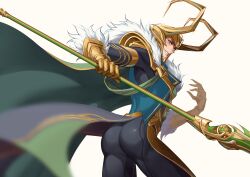 1boy absurdres arm_up armor ass black_pants cape clawed_gauntlets commentary eilinna english_commentary eyelashes fake_horns floating_cape fur-trimmed_cape fur_trim gauntlets gold_trim green_cape green_eyes green_vest grin helmet highres holding holding_staff holding_weapon horned_helmet horns loki_(marvel) looking_back male_focus marvel marvel_rivals pants smile solo staff teeth vest weapon white_fur