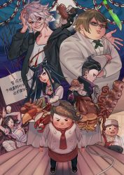 2girls 3boys animal animal_on_shoulder apron black_hair black_jacket blouse blue_hair brown_hair burger chain cham-p chef chef_hat chicken_(food) collarbone collared_shirt danganronpa_(series) danganronpa_2:_goodbye_despair dress_shirt earrings fat fat_man food french_fries full_body glasses green_jacket grey_hair grin hair_horns hamster hanamura_teruteru hand_on_head hat highres holding holding_food hummer indoors jacket jewelry jum-p knife komaeda_nagito lying maga-g meat mioda_ibuki monokuma motor_vehicle multiple_boys multiple_girls on_back on_ground red_apron rei_(tdn_ng) sailor_collar shirt short_hair smile standing sun-d tanaka_gundham togami_byakuya_(danganronpa_2) tsumiki_mikan white_apron white_jacket white_shirt wooden_floor