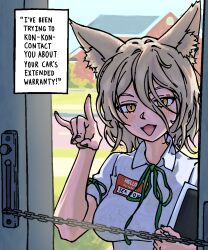 animal_ear_fluff animal_ears blonde_hair breasts bush clipboard commentary dialogue_box diamond_mouth door_chain doorway english_commentary english_text fangs floral_print fox_ears fox_girl fox_shadow_puppet grass green_nails green_ribbon highres holding holding_clipboard house kudamaki_tsukasa looking_at_viewer medium_breasts messy_hair name_tag opening_door original pov_doorway ribbon road shirt short_hair short_sleeves sidewalk stirfriedspam touhou white_shirt yellow_eyes