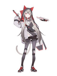 1girl :&lt; absurdres animal_ears black_choker black_pantyhose black_shoes black_shorts cat_ears cat_tail choker closed_mouth commentary drone einheadt english_commentary fanny_pack full_body grey_hair hand_up highres holding holding_sword holding_weapon hood hood_up hooded_jacket jacket knee_guards long_hair long_sleeves looking_at_viewer open_clothes open_jacket original pantyhose red_eyes shirt shoes shorts simple_background solo standing sword tail weapon white_background
