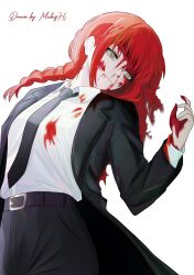 1girl artist_name belt black_belt black_coat black_necktie black_pants blood blood_on_clothes blood_on_face blood_on_hands braid chainsaw_man coat death formal_clothes highres long_hair makima_(chainsaw_man) mccheese necktie office_lady pant_suit pants red_hair single_braid solo suit yellow_eyes