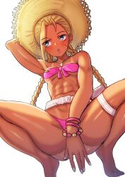 1girl abs absurdres belt bikini bikini_tan blonde_hair blue_eyes braid breasts cammy_white commentary_request covering_crotch covering_privates crossdressing front-tie_bikini_top front-tie_top gupunetsu hat highres long_hair low_twintails medium_breasts official_alternate_costume pink_bikini simple_background solo squatting strapless strapless_bikini straw_hat street_fighter street_fighter_6 swimsuit tan tanline twin_braids twintails white_background white_belt