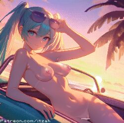 Rule 34 | 1girl, adjusting eyewear, bar censor, breasts, censored, closed mouth, completely nude, dithering, evening, eyewear on head, halterneck, hatsune miku, itzah, long hair, looking at viewer, medium breasts, navel, nipples, nude, outdoors, palm tree, pixel art, pussy, smile, solo, sunglasses, sunset, tree, twintails, vocaloid
