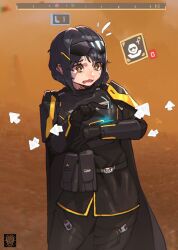 Rule 34 | 1girl, absurdres, armor, arrow (symbol), black cape, black gloves, black hair, black jacket, black pants, cape, cowboy shot, eyewear on head, facial scar, flying sweatdrops, gameplay mechanics, gloves, hair ornament, hairclip, heads-up display, helldiver (helldivers), helldivers (series), highres, jacket, korean commentary, mar10, open mouth, pants, pouch, scar, scar on cheek, scar on face, short hair, solo, tearing up, thigh strap, user interface, wavy mouth, yellow eyes