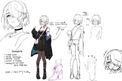 1girl alternate_costume black_dress black_leggings bob_cut dress hair_over_one_eye jacket jacket_partially_removed leggings medium_hair multiple_views neck_ribbon original red_eyes reference_sheet ribbon short_dress sketch_inset smile white_hair yoimon