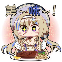 1girl artist_request blonde_hair blue_hair blush breasts chibi chibi_only chinese_commentary chinese_text cleavage eating food fork girls&#039;_frontline girls&#039;_frontline_neural_cloud hairband happy hat holding holding_fork holding_knife knife millau_(neural_cloud) official_art plate purple_eyes second-party_source shining solo sparkling_eyes steak sun_hat