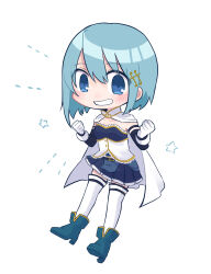 1girl armlet bare_shoulders belt belt_buckle black_belt black_sleeves blue_boots blue_eyes blue_gemstone blue_hair blue_shirt blue_skirt boots buckle buttons cape chest_jewel chibi clenched_hands clothing_cutout collared_cape commentary_request detached_sleeves diamond_button dotted_line excited eyes_visible_through_hair fortissimo frilled_shirt frills gem gloves gold_buckle grin hair_between_eyes hair_ornament hairclip high_collar high_heel_boots high_heels highres jewelry light_blush long_sleeves magical_girl mahou_shoujo_madoka_magica mahou_shoujo_madoka_magica_(anime) miki_sayaka miniskirt musical_note musical_note_hair_ornament notice_lines pleated_skirt shirt short_hair simple_background skirt smile solo standing star_(symbol) stomach_cutout strapless strapless_shirt tareme thigh_belt thigh_strap thighhighs two-tone_shirt ultimate_magnum white_background white_cape white_gloves white_shirt white_thighhighs