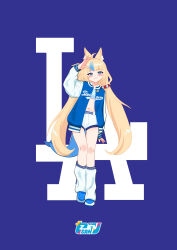 1girl absurdres animal_ear_fluff animal_ears blonde_hair blue_eyes blue_jacket blue_shoes blue_streaks cat_ears highres indie_virtual_youtuber jacket leg_warmers letterman_jacket lifebuoy_hair_ornament long_hair los_angeles_dodgers low_twintails navel sameko_saba shoes short_shorts shorts solo twintails very_long_hair virtual_youtuber white_leg_warmers white_shorts white_sleeves zendrawr