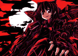 armor armored_core ascot black_ascot black_bow black_clouds black_hair bow cirno elbow_gauntlets fingerless_gloves gloves hair_bow looking_at_viewer mechanical_wings nineball nineball=cirno puffy_short_sleeves puffy_sleeves red_eyes red_sky red_theme short_sleeves single_fingerless_glove sky smile tanashi_(mk2) touhou wings