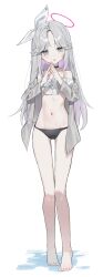 1girl absurdres alternate_costume alternate_hairstyle bare_legs bare_shoulders barefoot bikini black_bikini black_choker blue_archive choker frilled_bikini frills grey_hair grey_jacket hair_ribbon halo highres huu_(dighapdlxm12) jacket long_hair navel off-shoulder_bikini off_shoulder parted_bangs pink_halo plana_(blue_archive) ribbon solo stomach swimsuit white_bikini white_ribbon
