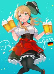 1girl alcohol anbutter_siruko anchor_hair_ornament apron aqua_eyes beer beer_mug black_pantyhose blonde_hair blush breasts character_name cleavage cross cup dirndl dress female_focus german_clothes hair_ornament hat holding holding_cup iron_cross kantai_collection large_breasts long_hair looking_at_viewer mug oktoberfest pantyhose peaked_cap prinz_eugen prinz_eugen_(kancolle) red_footwear smile solo twintails underbust