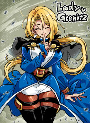 1girl blonde_hair blue_dress boots breasts dress genderswap genderswap_(mtf) goeniko goenitz habit large_breasts long_hair long_sleeves looking_at_viewer mochizuki_kazuomi ponytail pretty_goenitz simple_background smile snk solo the_king_of_fighters the_king_of_fighters_all-stars