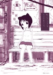 Rule 34 | 1girl, animal ears, bench, blurry, camisole, cat ears, closed mouth, copyright name, depth of field, dot mouth, full body, looking at viewer, mary janes, mina (termina), miniskirt, monochrome, mudou eichi, on bench, panties, pantyshot, pigeon-toed, poster (object), puddle, purple theme, shoes, short hair, sitting, skirt, solo, spaghetti strap, termina (kashmir), translation request, twitter username, underwear, wooden bench