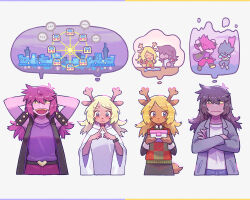 4girls :&lt; :3 :| animal_ears animal_nose antlers armlet arms_behind_head belt black_eyes black_jacket black_skirt blonde_hair blue_jacket blush box checkered_clothes checkered_vest closed_mouth colored_sclera colored_skin cowboy_shot cropped_torso crossed_arms deer_ears deer_girl deer_tail deltarune dual_persona fangs ferris_wheel furry furry_female highres holding holding_box hood hood_down hooded_robe horns imagining index_finger_raised index_fingers_together jacket jewelry long_hair looking_down looking_to_the_side lunchbox mayuzumi messy_hair multiple_girls noelle_holiday open_clothes open_jacket open_mouth pants pink_skin purple_eyes purple_hair purple_pants purple_shirt robe shared_thought_bubble shirt sideways_glance simple_background skirt sleeveless sleeveless_jacket speech_bubble spiked_armlet straight-on susie_(deltarune) sweater_vest tail thought_bubble vest watch white_background white_robe white_shirt wristwatch yellow_sclera