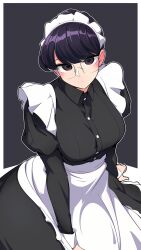 1girl absurdres alternate_costume apron arm_between_legs arm_support black_background blush border breasts commentary_request enmaided expressionless glasses highres komi-san_wa_komyushou_desu komi_shouko large_breasts lecca_aisu looking_at_viewer maid maid_apron maid_headdress outside_border purple_eyes purple_hair solo white_border