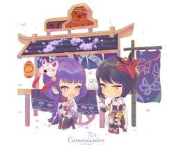 2girls black_hair blunt_bangs bottle bridal_gauntlets chibi chibi_only closed_mouth commentary commission couple dango dango_milk_(genshin_impact) eating english_commentary food food_in_mouth friends genshin_impact holding holding_bottle holding_food japanese_clothes kimono kujou_sara long_hair looking_at_food looking_down looking_to_the_side mask mask_on_head mon_sugar multiple_girls neck_ribbon purple_eyes purple_hair purple_kimono raiden_shogun red_ribbon red_sash ribbon sash short_hair sitting standing swept_bangs wagashi white_background yellow_eyes yuri