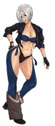 1girl absurdres angel_(kof) backless_pants blue_eyes boots bra breasts chaps cleavage cowboy_boots crop_top cropped_jacket fingerless_gloves gloves hair_over_one_eye highres jacket large_breasts leather leather_jacket looking_at_viewer midriff navel panties pants short_hair simple_background smile snk solo strapless strapless_bra the_king_of_fighters the_king_of_fighters_xiv toned toned_female tonyingredg underwear white_hair