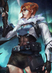 1girl absurdres black_gloves bow_(weapon) cape commentary crossbow ear_piercing english_commentary fingerless_gloves freckles freja_(overwatch) gloves highres holding holding_crossbow holding_weapon jewelry monori_rogue necklace nose_piercing orange_hair overwatch piercing short_hair shorts solo weapon
