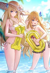 Rule 34 | 2girls, absurdres, ahoge, armpit crease, balloon, bare shoulders, bikini, black choker, black skirt, blonde hair, blue eyes, blue sky, blush, bracelet, braid, breasts, center-flap bangs, choker, cleavage, closed mouth, collarbone, commentary request, day, fang, hair ornament, hairclip, hand in own hair, hand up, hat, hat ornament, highres, holding, holding balloon, jewelry, large breasts, lexington (warship girls r), long hair, looking at viewer, medium breasts, multiple girls, navel, number balloon, o-ring, o-ring bikini, one eye closed, open mouth, p-deng, partially submerged, saratoga (warship girls r), side-tie bikini bottom, side braid, sidelocks, skin fang, skirt, sky, smile, standing, stomach, straw hat, swimsuit, thighs, underboob, v, very long hair, warship girls r, water, wet, white bikini