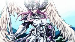 1girl appmon armor beautymon digimon long_hair mask solo wings