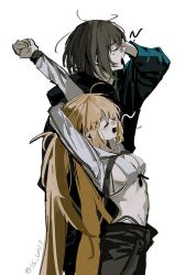 1boy 1girl artoria_caster_(fate) artoria_caster_(swimsuit_berserker)_(fate) artoria_caster_(swimsuit_berserker)_(first_ascension)_(fate) artoria_pendragon_(fate) bikini black_hair black_jacket blonde_hair breasts closed_eyes cowboy_shot fate/grand_order fate_(series) highres hood hooded_jacket jacket long_hair long_sleeves oberon_(fate) oberon_(moody_summer_oberon)_(fate) oberon_(third_ascension)_(fate) open_mouth shrug_(clothing) simple_background ss_un17 swimsuit tearing_up twintails white_background white_bikini yawning