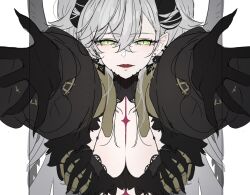 1girl breasts demon_girl demon_horns demon_wings fate/grand_order fate_(series) green_eyes grey_hair grey_wings highres horns large_breasts lilith_(fate) lilith_(third_ascension)_(fate) long_hair looking_at_viewer ri_o_ne_su skeletal_hand snake solo very_long_hair wings