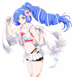 Rule 34 | 1girl, artist name, bikini, bikini skirt, blue eyes, blue hair, breasts, dana iclucia, floating hair, front-tie bikini top, front-tie top, long hair, looking at viewer, medium breasts, midriff, navel, parted bangs, ponytail, simple background, smile, solo, swept bangs, swimsuit, towel, upper body, white background, xiacheng tatsuya, ys, ys viii: lacrimosa of dana