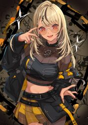 absurdres asymmetrical_bangs black_jacket blonde_hair braid braided_bangs breasts chain chain_necklace cleavage commentary_request cowboy_shot earclip earrings fang glasses highres jacket jewelry kaminari_qpi kaminari_qpi_(5th_costume) lightning_bolt_earrings lightning_bolt_symbol long_hair midriff miya_(_32miya107) multicolored_nails nail_polish necklace official_alternate_costume open_clothes open_jacket open_mouth orange_eyes pleated_skirt round_eyewear skirt two-tone_nails v v_over_eye virtual_youtuber vspo!