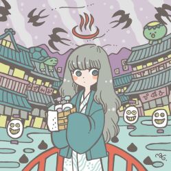 1girl aqua_eyes bird blush building expressionless garouma grey_hair highres kappa lantern long_hair long_sleeves mountain original purple_sky sky sleeves_past_fingers sleeves_past_wrists solo turtle wide_shot wide_sleeves
