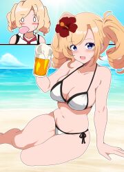Rule 34 | 1girl, alcohol, beach, beer, beer mug, bikini, black trim, blonde hair, blowing bubbles, blue eyes, blue sky, breasts, chewing gum, cloud, commentary request, cup, day, drill hair, flower, highres, honolulu (kancolle), honolulu (swimsuit) (kancolle), horizon, inset, kantai collection, kinako mochi (pixiv100419090), large breasts, long hair, looking at viewer, mug, multiple views, ocean, outdoors, red flower, side-tie bikini bottom, sky, string bikini, swimsuit, twin drills, twintails, white bikini