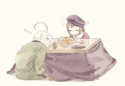 2boys absurdres ahoge beret black_hat blunt_bangs brown_hair buttons closed_eyes collared_shirt colored_pencil colored_pencils_(paper_mario) colored_skin cup dress_shirt food fruit fruit_basket full_body green_jacket haori hat head_on_table highres jacket japanese_clothes kotatsu long_sleeves male_focus mandarin_orange mario_(series) medium_hair motion_lines multiple_boys mumumu57hiro nintendo no_mouth orange_peel paper_mario paper_mario:_the_origami_king pencil pencil_case personification red_tunic scissors_(paper_mario) shirt short_hair simple_background sitting sleeping sleepy squeans table tea tunic white_hair white_shirt white_skin yellow_background yunomi