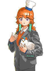 Rule 34 | 1girl, absurdres, animal, bird, chef hat, chicken, collared shirt, commentary, cosplay, earrings, english commentary, feather earrings, feathers, grey jacket, grey pants, gurumie, hat, highres, holding, holding animal, holding bird, hololive, hololive english, jacket, jewelry, looking at viewer, medium hair, meme, open mouth, orange vest, pants, purple eyes, robert downey jr., robert downey jr. (cosplay), shirt, solo, takanashi kiara, vest, virtual youtuber, white background, white shirt