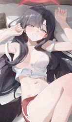 1girl ahoge black_hair black_wings blue_archive blush breasts camisole cellphone commentary_request crop_top dolphin_shorts fingernails grey_eyes grin hair_censor halo hands_up head_on_pillow highres ichika_(blue_archive) knee_up korean_commentary long_fingernails long_hair looking_at_viewer low_wings lying medium_breasts navel on_back one_breast_out partially_unbuttoned phone pillow rang_go red_halo red_shorts shorts smartphone smile solo variant_set white_camisole wings